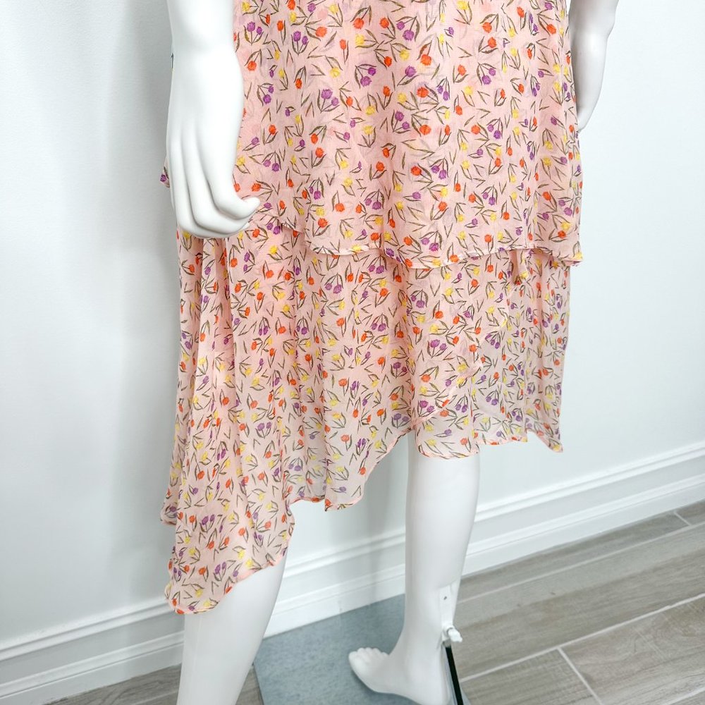 Anthropologie LAIA Mixed Floral Print Ruffle Asymmetrical Midi Dress Pink Blue - Picture 15 of 17